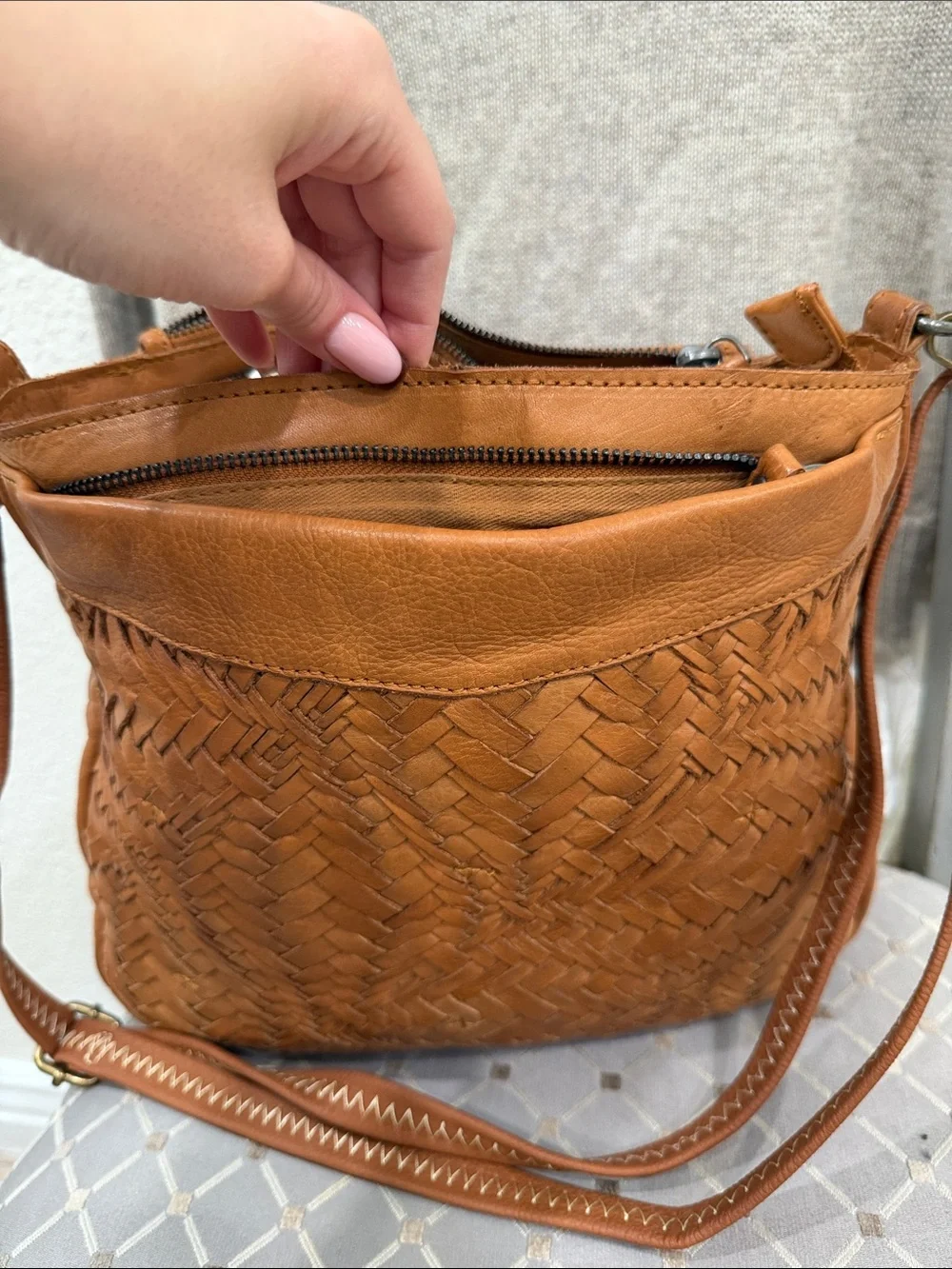 Genuine Leather Cognac Woven Crossbody Bag Boho Adjustable Strap